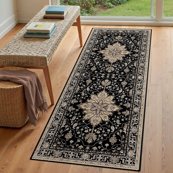RELEANY Area Rugs 3'x7' Runner Rug Non Slip Washable for Kitchen Hallway Bedroom Beside Laundry Room Bathroom Rug, Floor Carpet, Black Brown Neutral Dark Tan