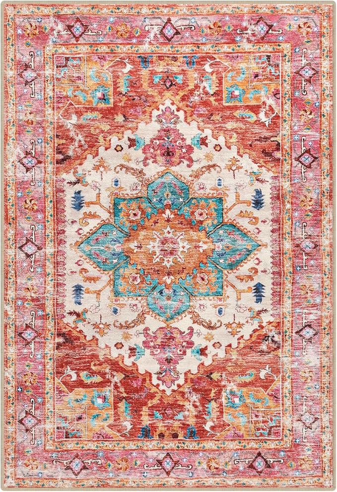 Yamaziot Washable Area Rug, 4x6 Non-Slip Boho Vintage Living Room Bedroom Rug with Rubber Backing, Low Pile Faux Wool Soft Distressed Rug Floor Carpet for Living Room, Laundry, Kids Playroom (Pink)