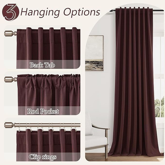Guken 100% Blackout Curtains 96 Inch Length 2 Panels Set for Living Room Bedroom Back Tab Thermal Insulated Black Out Linen Drapes Room Darkening Reddish Brown,52x96