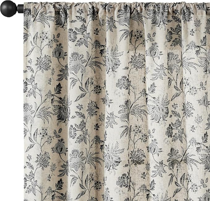 jinchan Linen Floral Curtains for Living Room with Printed Flower 84 Inches Long Light Filtering French Country Back Tab Rod Pocket Black Window Curtain Set Farmhouse Drapes 2 Panels Black