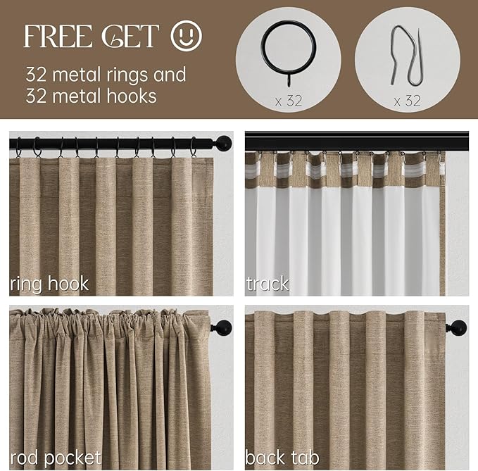 Topfinel Total Blackout Curtains 72 Inches Long 2 Panels for Bedroom Burlap Linen Heavy Insulated Bay Window Curtains Boho Farmhouse Drapes for Bedroom/Cabin/Kitchen Dark Brown Flax(W52 x L72)