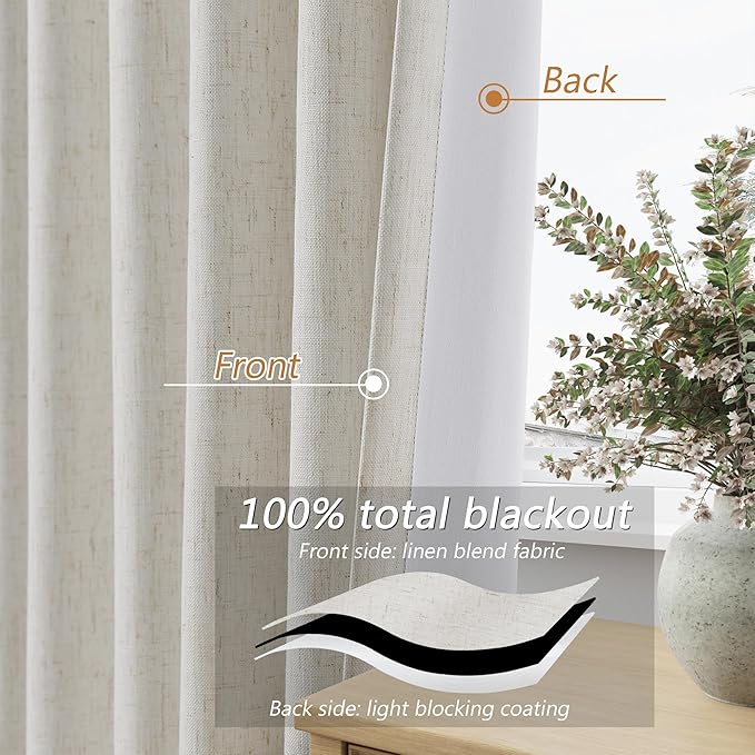 Guken 102 Inches Extra Long Boho 100% Blackout Linen Curtains 2 Panels Set for Living Room Bedroom Back Tab Thermal Insulated Black Out High End Drapes Room Darkening Window Curtain