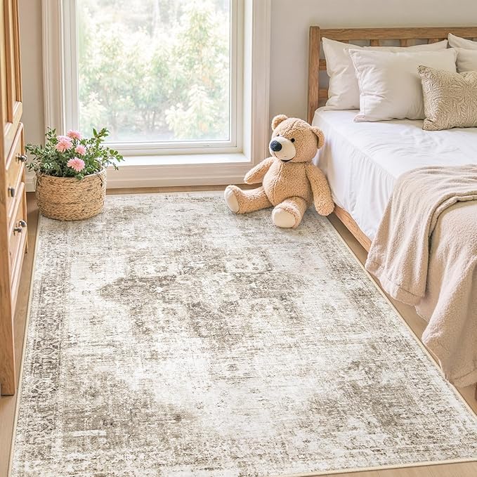 Area Rug 3x5 Washable Rug, Vintage Boho Medallion Entryway Rug Non-Slip Soft Low Pile Small Distressed Floor Carpet Retro Doormat for Kitchen Bedroom Laundry Bathroom Hallway (Taupe, 3'x5')