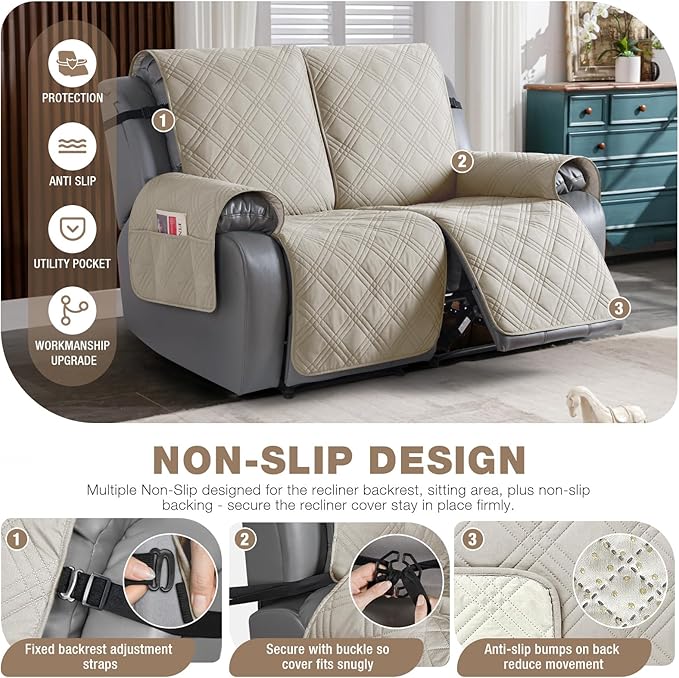 TAOCOCO 100% Waterproof Loveseat Recliner Cover, Non Slip Split Loveseat Covers for Reclining Loveseat with Elastic Straps, Washable Recliner Chair/Furniture Protector for Kids Pets(2 Seater, Cream)