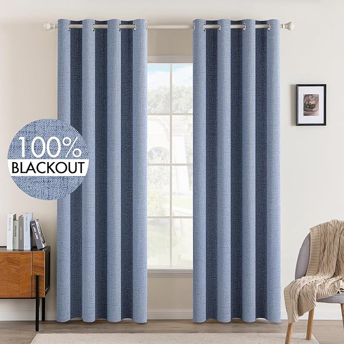 MIULEE Linen Texture Curtains for Bedroom Solid 100% Blackout Thermal Insulated Stone Blue Curtains Grommet Room Darkening Drapes Luxury Decor for Living Room Nursery 52x96 Inch (2 Panels)