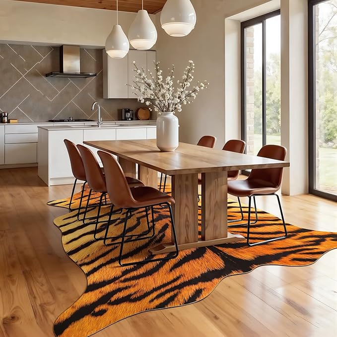AROGAN Premium Tiger Print Rug 6.2x7 Feet, Machine Washable Faux Fur Rug, Non-Slip Animal Print Hide Tiger Skin Area Rug for Bedroom Living Room Home Decor