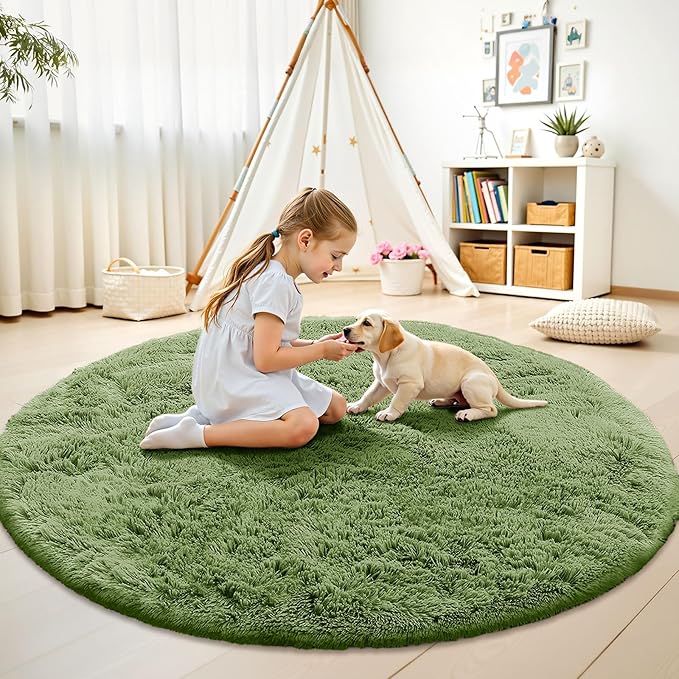 OLANLY Green Round Rugs for Bedroom - Machine Washable, 7 ft Circle Area Rugs for Living Room, Soft and Fluffy Shaggy Carpet for Teen Girl and Boys, Nursery Rooms, Dorms, Home Decor Aesthetic