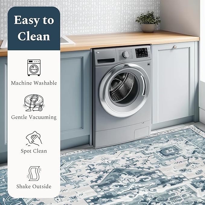 Rugflix 9x12 Area Rug for Living Room, Machine Washable Area Rugs with Non-Slip Backing, Large Soft Boho Vintage Rug for Bedroom, Dining Room, Low Pile Carpet, Kids Pet Friendly, Blue
