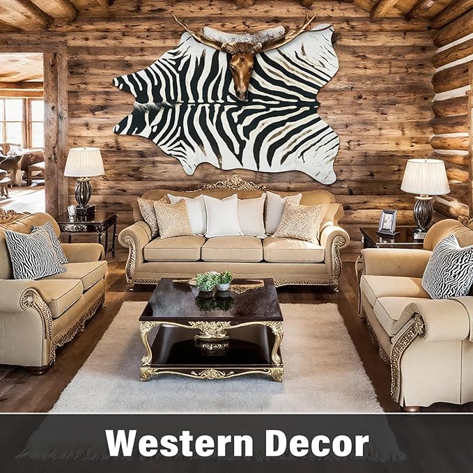 AROGAN Western Faux Fur Zebra Rug, 8 x 10 Feet Premium Animal Skin Print Rug, Sturdy Faux Zebra Hide Rugs for Wall Decor, Western Floor Carpet for Bedroom Living Room, Black