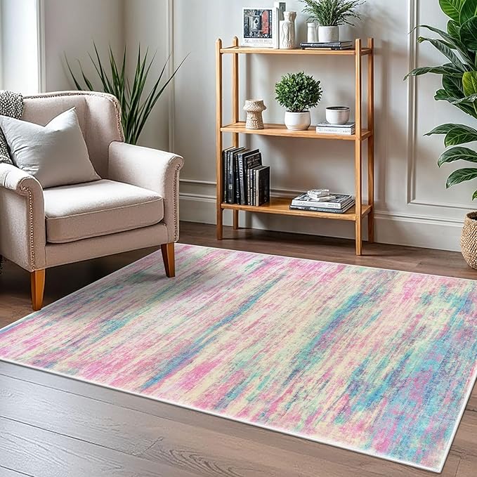 KOZYFLY Modern Abstract Pink 3x5 Area Rug Washable Girls Kids Bedroom Rug Throw Entry Mat Non-Slip Carpet Dining Room Rug with Soft Low Pile for Living Room Kitchen Bath Office