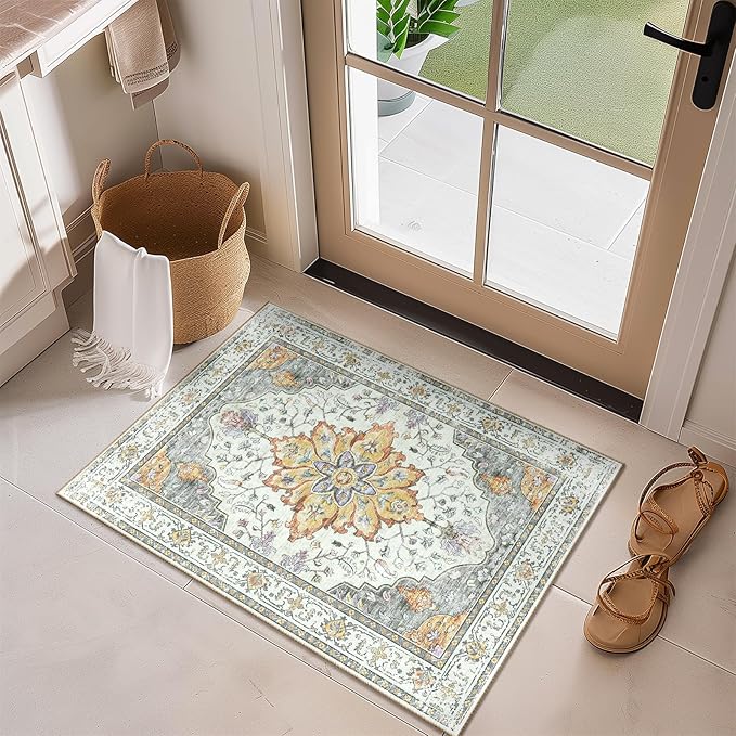 RELEANY Area Rugs 2'x3' Washable Non-Slip, Floral Vintage Distress Print Pattern Medallion Carpet for Living Room Bedroom Dining Room, Light Yellow Carbon Grey Orange
