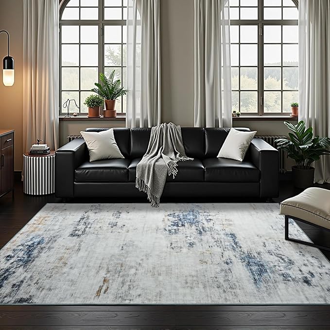 Toneed Abstract Area Rug Modern Washable Rug Soft Non Slip Rug Low Pile for Bedroom Living Room Dining Room Blue/White 4x6 Feet