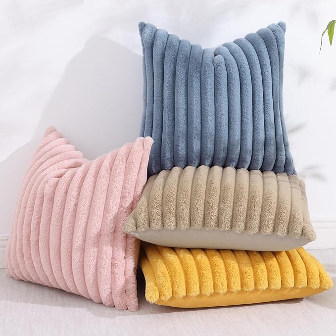 decorUhome Cozy Faux Fur Throw Pillow Covers 18x18 Set of 2 Decorative Soft Plush Striped Modern Farmhouse Boho Couch Pillow Cases with Velvet Back for Sofa Bed Living Room, Grey Blue