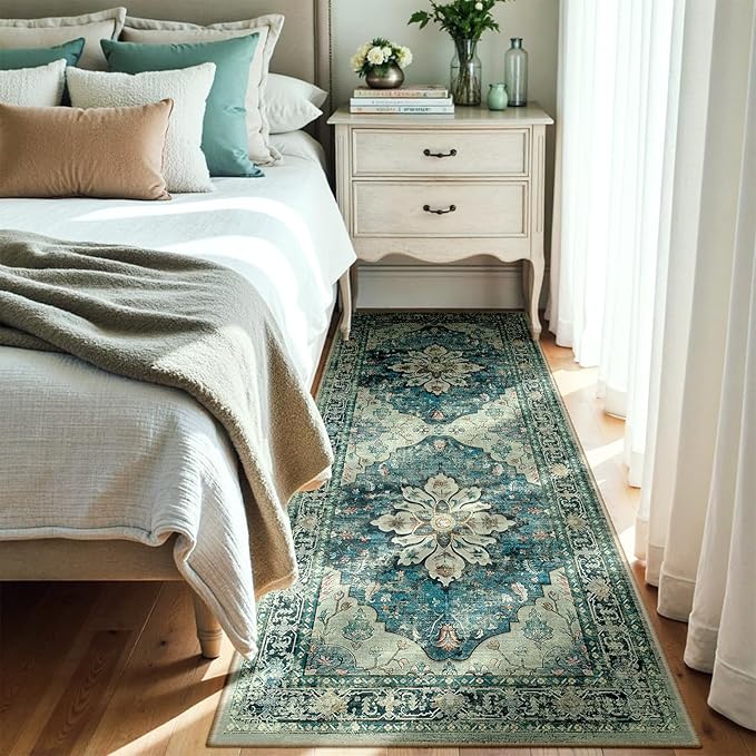 Area Rugs 3'x6' Runner Rug Non Slip Washable for Kitchen Hallway Bedroom Beside Laundry Room Bathroom Rug, Floor Carpet, Dark Blue Vintage