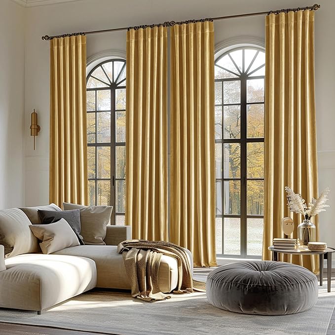 MIULEE Velvet Curtains 90 inches - Luxury Blackout Curtains for Bedroom Living Room Thermal Insulated Super Soft Window Drapes Rod Pocket & Back Tab, Golden, W52 x L90 inches, 2 Panels