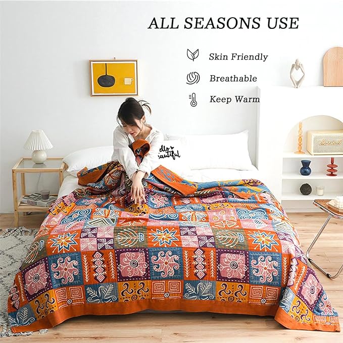 MSGKV Boho Throw Blanket 90''x98'' 100% Cotton Spring Blanket for Couch Bed, Muslin Bed Quilts Home Decor Gift for All Seasons