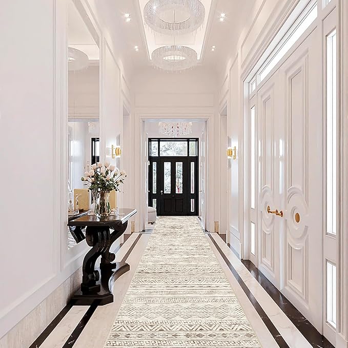 Moroccan Washable Hallway Runner Rug - 2'6"x14' Non Slip Kitchen Rugs Rubber Backing Floor Carpet with Soft Low Pile Mat for Living Room Bedroom Entryway Farmhouse 2'6"x14' Beige