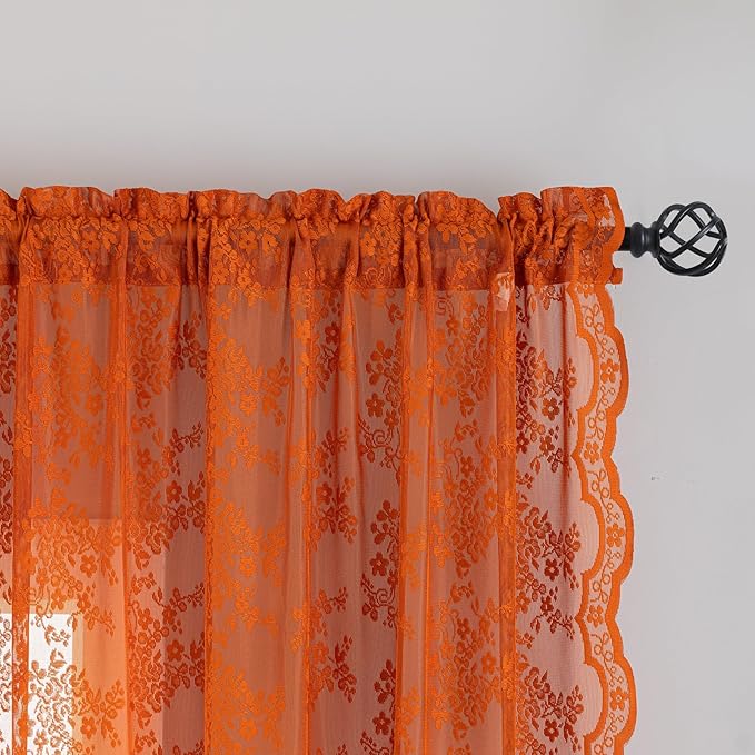 YJ YANJUN Vintage Lace Curtains 63 Inch Length Burnt Orange Sheer Curtains for Living Room Bedroom 2 Panels Rod Pocket Farmhouse Terracotta Drapes for Kitchen Nursery Halloween Fall Decor 52x63 Inch