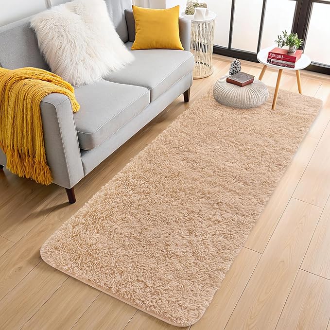 OLANLY 2x10 Machine Washable Runner Rugs for Hallway, Soft Fluffy Shaggy Bedside Rugs for Bedroom, Living Room, Indoor Floor Carpet for Kids Girls and Boys, Nursery Rooms, Home Decor Aesthetic, Beige