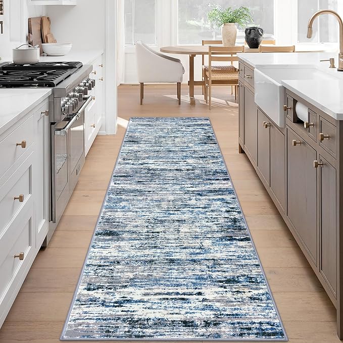 Lansny Modern Abstract Runner Rug 3x8, Grey Blue White, Washable Kitchen Runner Non-Slip Soft Hallway Rug Thin Print Faux Wool Carpet for Entryway Bedroom Laundry Room Indoor Home Office Decor