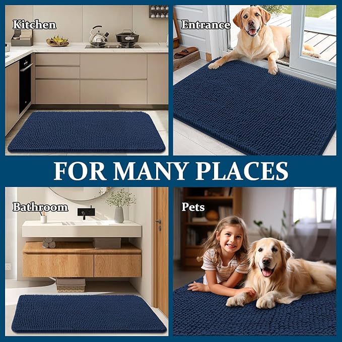 OLANLY Dog Door Mat for Muddy Paws 54x24, Absorbs Moisture and Dirt, Absorbent Non-Slip Washable Doormat, Quick Dry Chenille Mud Mat for Dogs, Entry Indoor Entryway Carpet for Inside Floor, Dark Blue