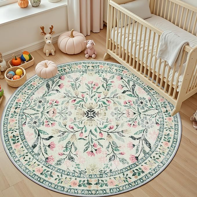Round Area Rug for Living Room: 6 ft Floral Washable Circle Rug Soft Non-Slip Carpet Indoor Stain Resistant Low Pile Small Circular Rug for Bedroom Entryway Kitchen Nursery Home Office Green Beige