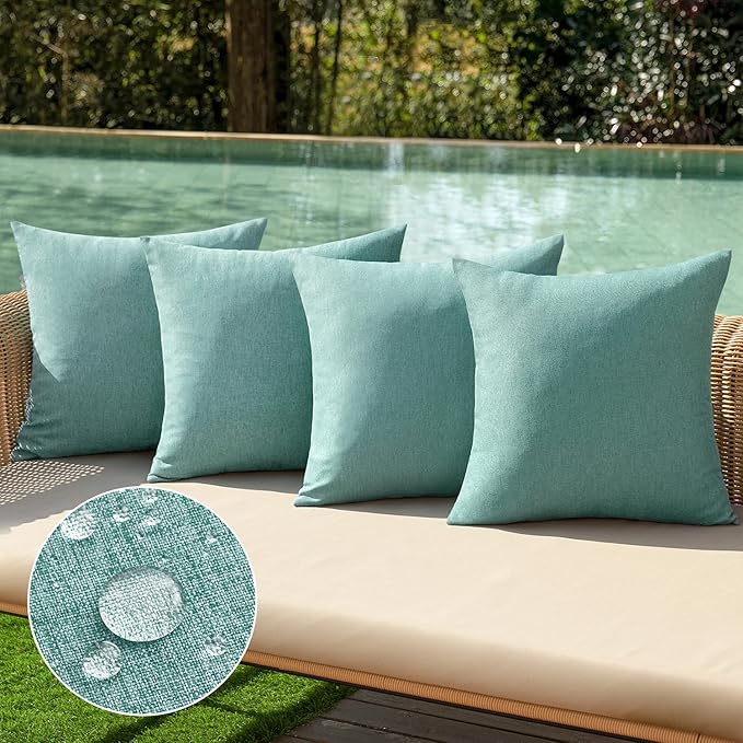 MIULEE Pack of 4 Decorative Outdoor Throw Pillow Covers Linen Waterproof Pillow Covers Spring Farmhouse Cushion Cases for Patio Garden Tent Balcony Couch Sofa 18x18 inch Teal