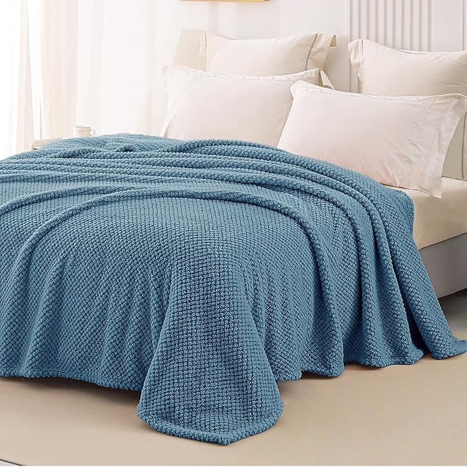 Whale Flotilla Queen Size Fuzzy Fleece Blanket, Fluffy Warm Soft Jacquard Bed Blankets for All Season, Lightweight and Cozy, 90x90 Inch, Slate Blue
