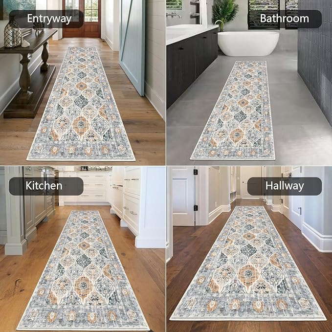 HEBE Hallway Runner Rug 2'8"x8' Washable Vintage Distressed Area Rugs Non Slip Laundry Rug Runner Boho Floor Carpet Runners for Hallways Entryway Laundry Room Kitchen Bathroom