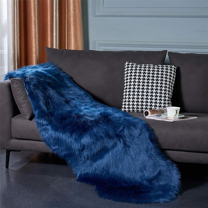 EasyJoy Ultra Soft Fluffy Shaggy Area Rug Faux Fur Rug Chair Cover Seat Pad Fuzzy Area Rug for Bedroom Floor Sofa Living Room (2 x 6 ft Sheepskin, Dark Blue)