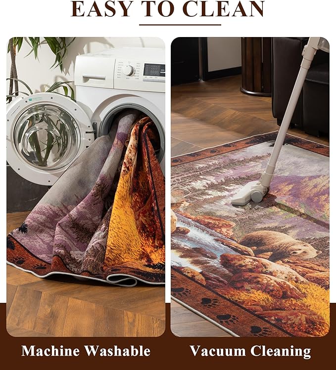 YIHOUSE Rustic Cabin Area Rug for Bedroom 4x6,Machine Washable Forest Bear Rug,Non-Slip Low Pile Print Pattern Mountain Rug for Living Room