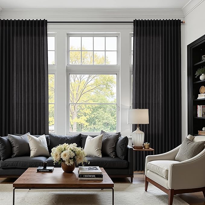 Nanspring Vintage Black Linen Curtains 96 Inches Long for Living Room Light Filtering Semi Sheer Curtain Back Tab Privacy Luxury Gothic Vintage Decor Drapes for Bedroom Office 52x96, 2 Panels
