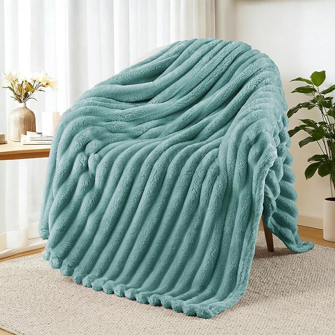 Exclusivo Mezcla Fleece Throw Blanket for Couch, Super Soft Striped Jacquard Bed Blanket, Lightweight Fuzzy Cozy for All Seasons, 50x60 Inches, Celadon