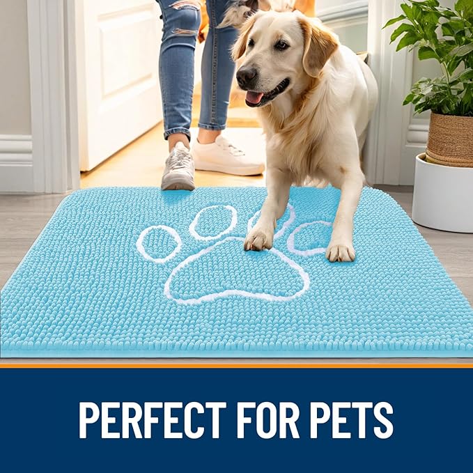 OLANLY Dog Door Mat for Muddy Paws 36x24, Paw Print Design, Absorbs Moisture and Dirt, Absorbent Non-Slip Washable Doormat, Quick Dry Chenille Mud Mat for Dogs, Entry Indoor Entryway Carpet, Blue