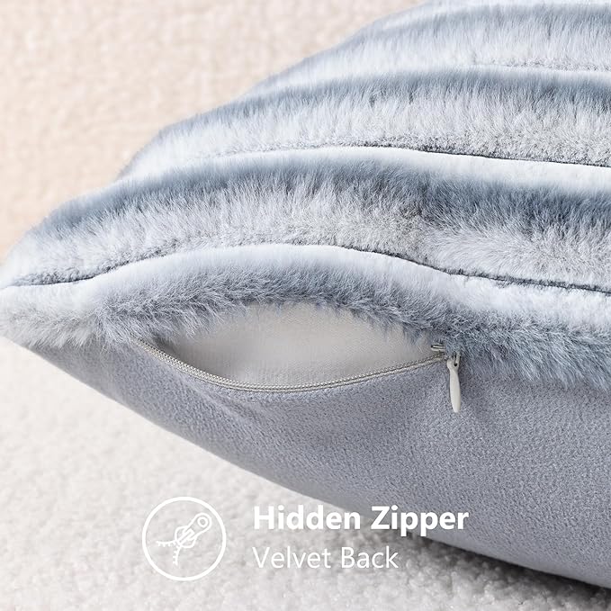 decorUhome Cozy Faux Fur Throw Pillow Covers 24x24 Set of 2 Decorative Soft Plush Striped Modern Farmhouse Boho Couch Euro Sham Pillow Cases with Velvet Back for Sofa Bed Living Room, Grey White