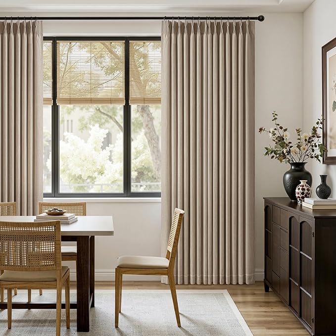 MIULEE Pinch Pleated Thick Linen Curtains 90 Inches Long 2 Panels for Living Room Bedroom, Linen Textured Memory Trained Pleat Drapes Back Tab Light Filtering Grey Beige Window Curtains with Hooks