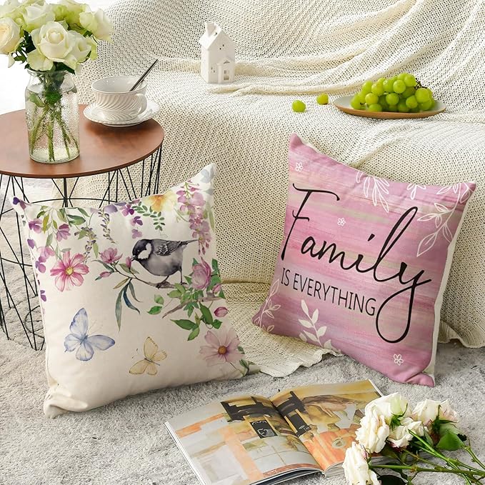 AVOIN colorlife Spring Saying Flowers Butterfly Pink Throw Pillow Covers, 18 x 18 Inch Home Sweet Home Cushion Case for Sofa Couch Set of 4