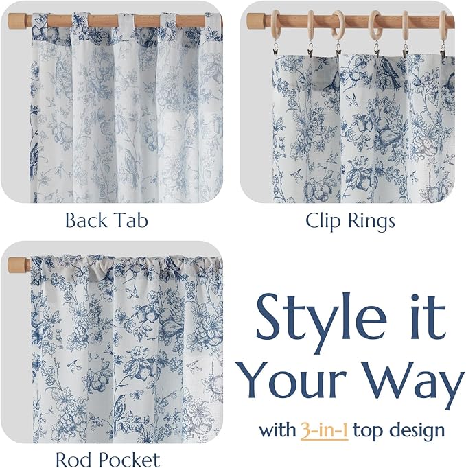 jinchan Linen Floral Curtains for Living Room 63 Inch Length Blue Printed Flower French Country Curtain Farmhouse Cottage Core Toile Curtains Back Tab Light Filtering Window Drapes Set 2 Panels