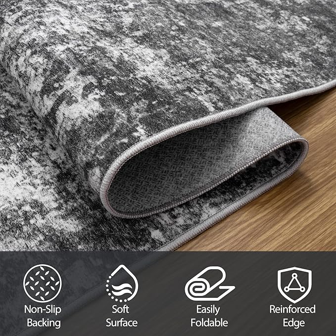 Round Rug 5ft Circle Rug Washable: Carpet Small Circular Area Rug for Entryway Kitchen Bedroom Dining Room Living Room 5 Feet Abstract College Dorm Non Slip Low Pile Black Grey