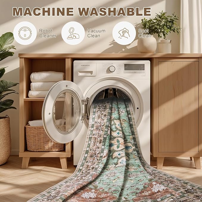 5x7 Area Rugs Living Room Rug: Washable Vintage Distressed Floral Rug No Slip Stain Resistant Soft Carpet Indoor Large Carpets for Bedroom Dining Room Farmhouse Nursery Hallway Home Office Brown Green