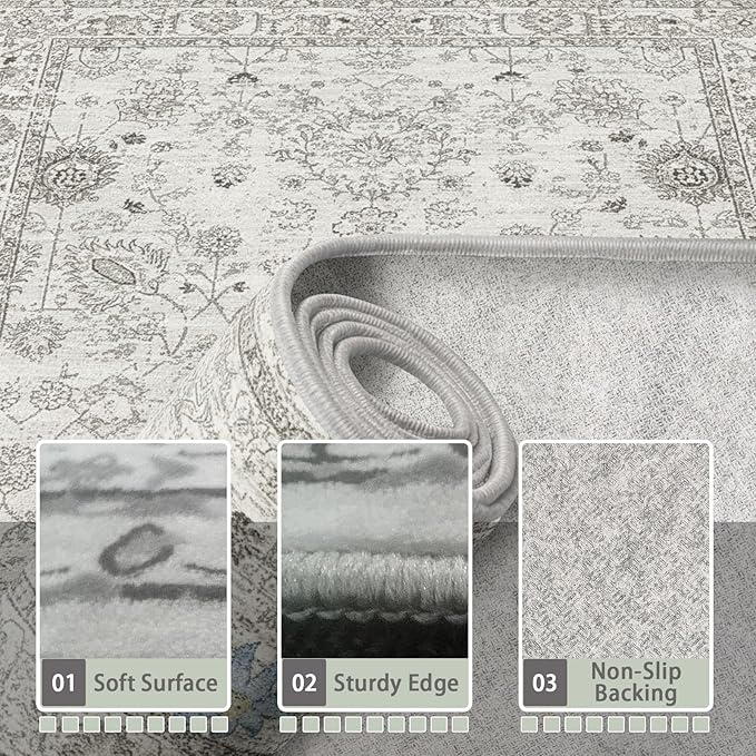 Grey White Area Rugs 9x12 Living Room, Washable Rug Non Slip Floral Low Pile Large Rug for Living Room, Bedroom, Farmhouse, Dining Room, Kids Playroom(9 x 12, Grey White)