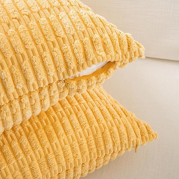 Fancy Homi Set of 4 Spring Boho Decorative Throw Pillow Covers 20x20 Inch for Couch Bed Sofa, Sage Green Yellow Room Decor, Soft Fuzzy Fluffy Cozy Corduroy Textured Cushion Case 50x50cm