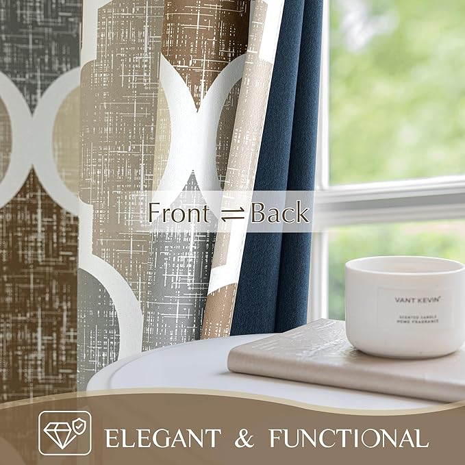 Beauoop 100% Blackout Curtains 63 Inches Long 2 Panels for Bedroom Living Room Brown Grey Moroccan Geo Room Darkening Thermal Insulated Soundproof Grommet Top Window Treatments Drapes, 50x63 Set of 2