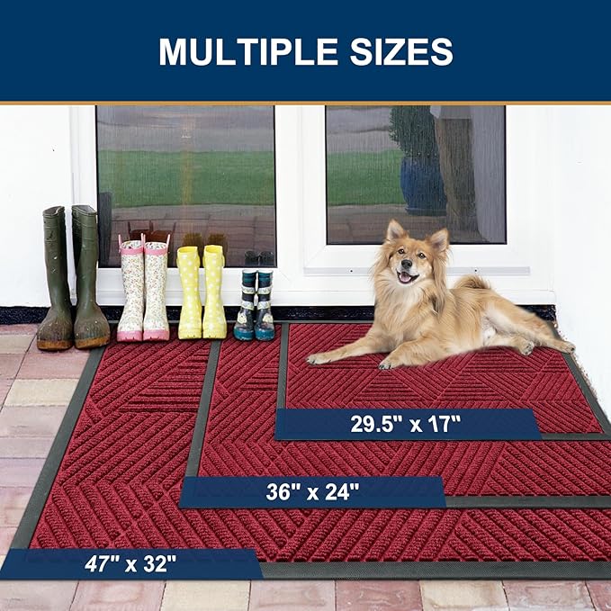 Smiry Front Door Mat Outside Entrance, Heavy Duty Sturdy Natural Rubber Doormat, Trap Dirt and Moisture, Easy Clean Low Profile Mats for Indoor Outdoor Entry, Irregular Triangle (47x32, Wine Red)