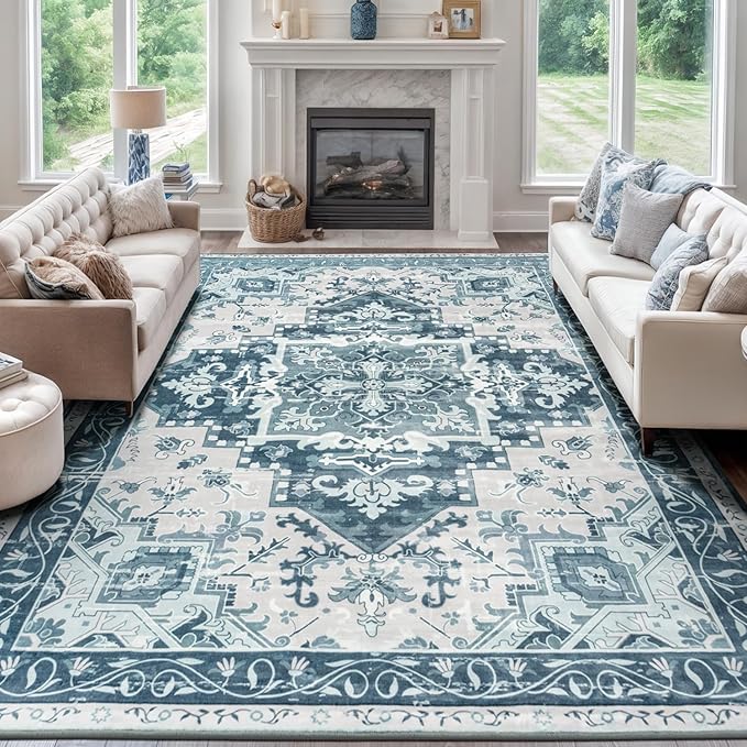 Rugflix 9x12 Area Rug for Living Room, Machine Washable Area Rugs with Non-Slip Backing, Large Soft Boho Vintage Rug for Bedroom, Dining Room, Low Pile Carpet, Kids Pet Friendly, Blue