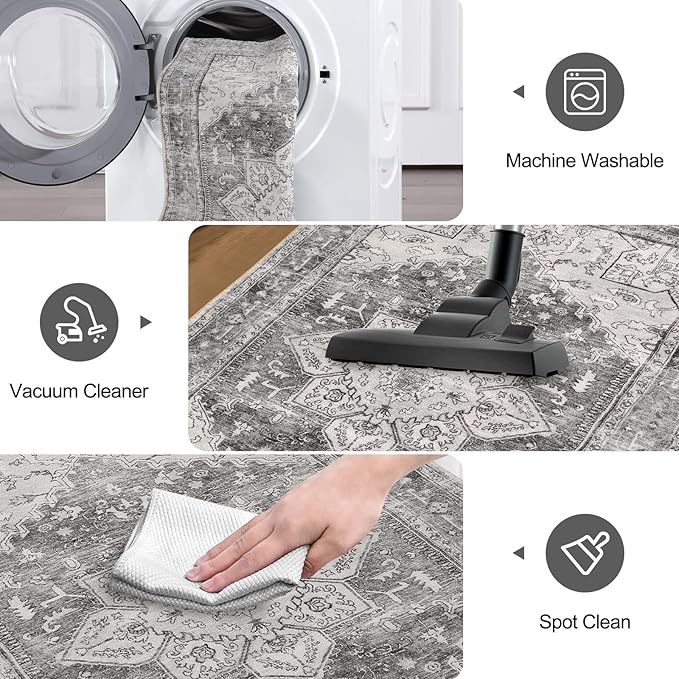 Yamaziot Washable Runner Rug, 2x8 Non-Slip Boho Vintage Hallway Rug Runner with Rubber Backing, Stain Resistant Faux Wool Distressed Carpet Runner for Bedroom, Kitchen, Laundry, Entrance