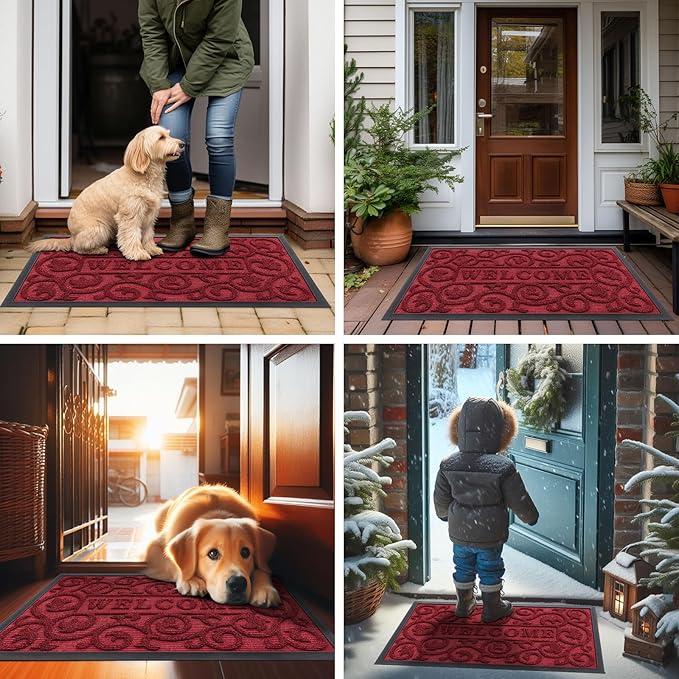 Smiry Welcome Door Mat Outside Entrance, Heavy Duty Trap Dirt and Moisture Easy Clean Low Profile Patio Porch Indoor Outdoor Front Doormat for Entry, 29.5x17 Inch, Burgundy
