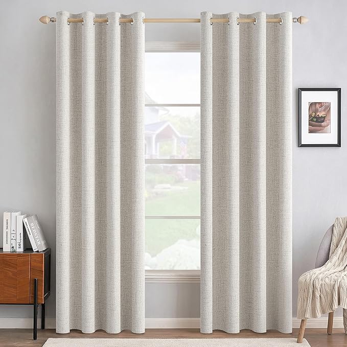 MIULEE 100% Blackout Linen Textured Curtains for Bedroom Solid Thermal Insulated Cream White Grommet Room Darkening Curtains & Drapes Luxury Decor for Living Room Nursery 52 x 96 Inch (2 Panels)