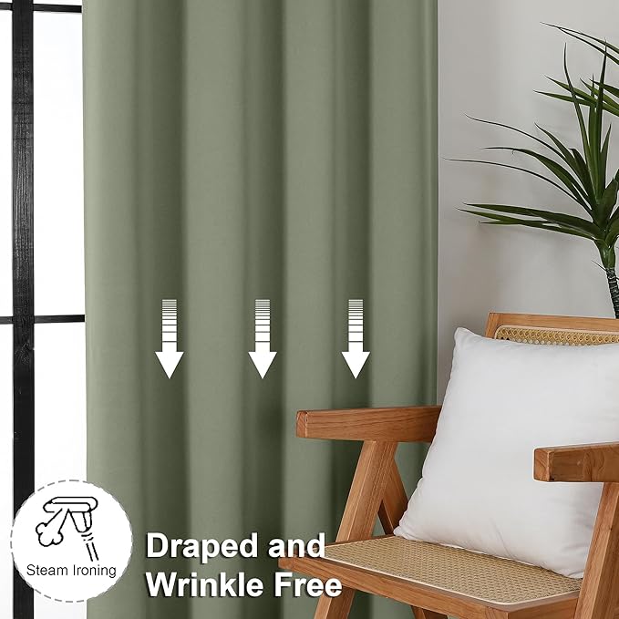 Simplebrand Ava Sage Green Blackout Curtains for Bedroom 63 Inch Length 2 Panels Set, Solid Thermal Insulated Energy Saving Rod Pocket Window Treatment Curtains Blackout Drapes, W40 x L63 Inch, Sage