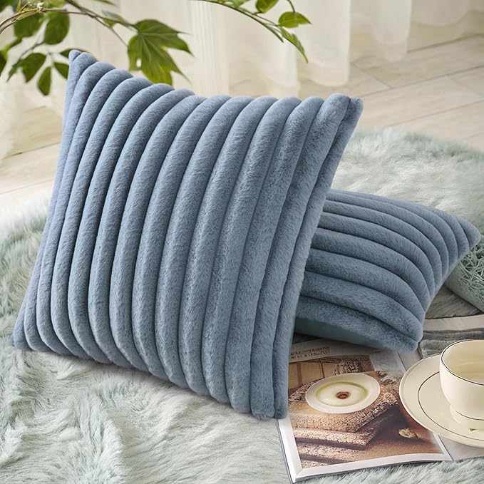 decorUhome Cozy Faux Fur Throw Pillow Covers 20x20 Set of 2 Decorative Soft Plush Striped Modern Farmhouse Boho Couch Pillow Cases with Velvet Back for Sofa Bed Living Room, Grey Blue